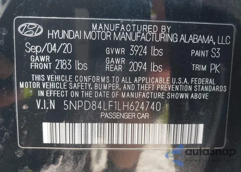 2020 Hyundai Elantra Sel из США, поврежденный, VIN 5NPD84LF1LH624740